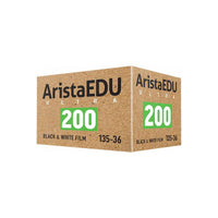 Arista EDU Ultra 200 35mm black and white film box in tan cardboard packaging with green 200 ISO branding.