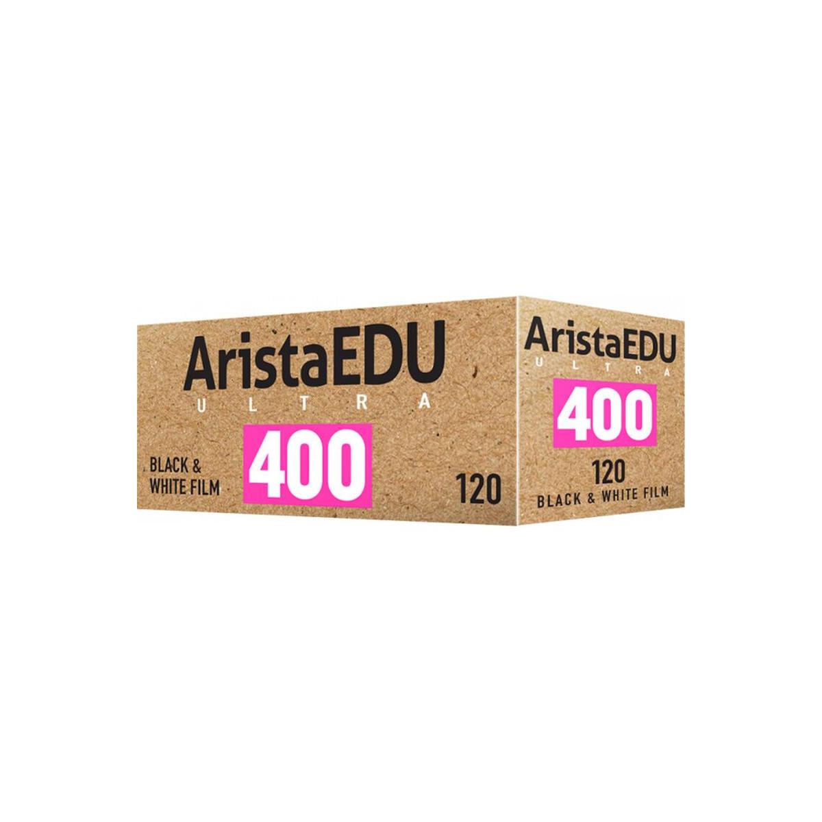 Arista EDU Ultra 400 120 black and white film box in tan cardboard with bold pink 400 ISO branding.