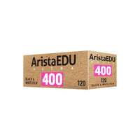 Arista EDU Ultra 400 120 black and white film box in tan cardboard with bold pink 400 ISO branding.