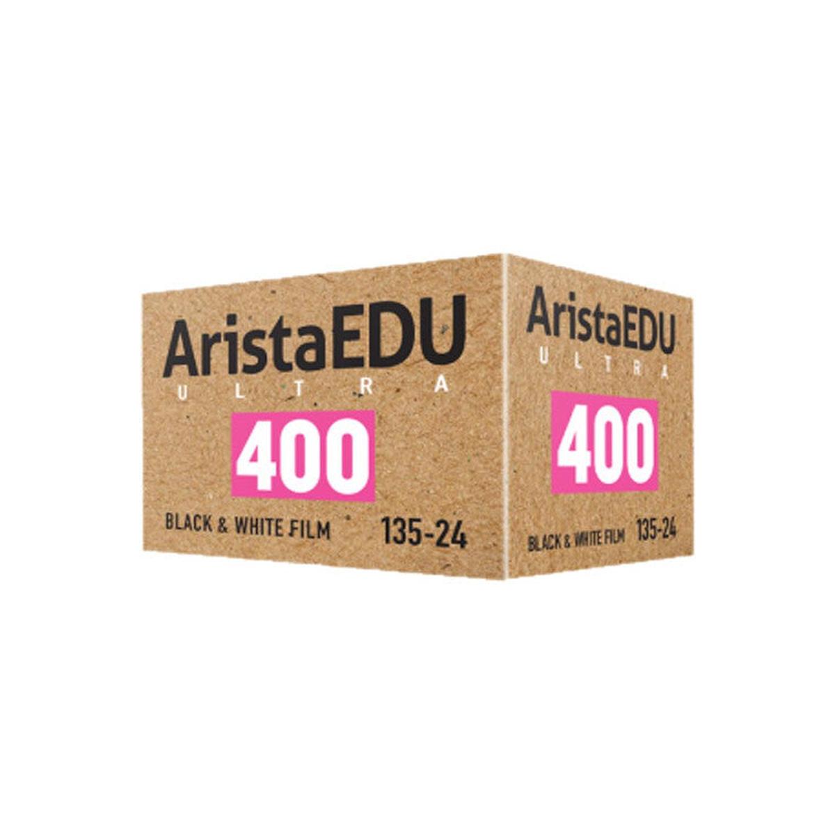 Arista EDU Ultra 400 ISO 35mm black and white film box with brown cardboard texture and pink 400 speed label.