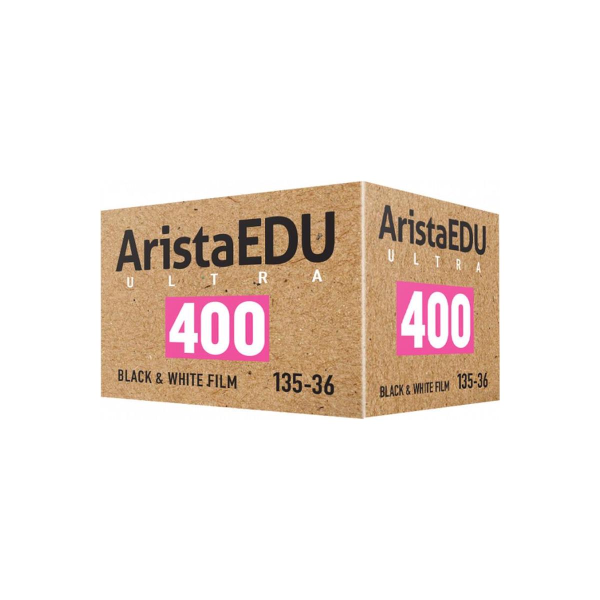 Arista EDU Ultra 400 35mm black and white film box in tan cardboard with bold pink 400 ISO branding.