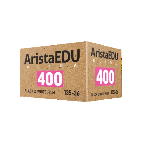 AristaEDU Ultra 400 black and white film box on a white background
