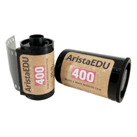 Two rolls of Arista EDU 400 ISO 35mm film are displayed against a white background.