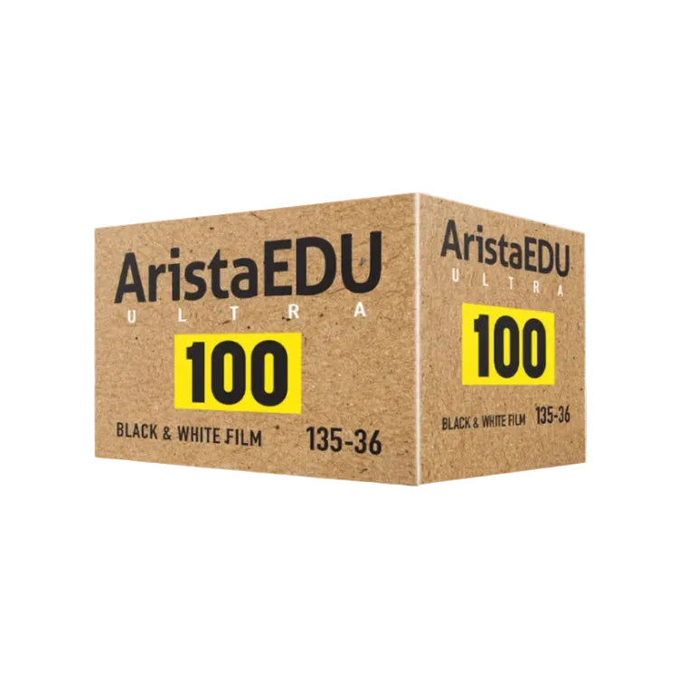 AristaEDU Ultra 100 Black & White Film box, showing three angles of the cardboard packaging on a plain white background.