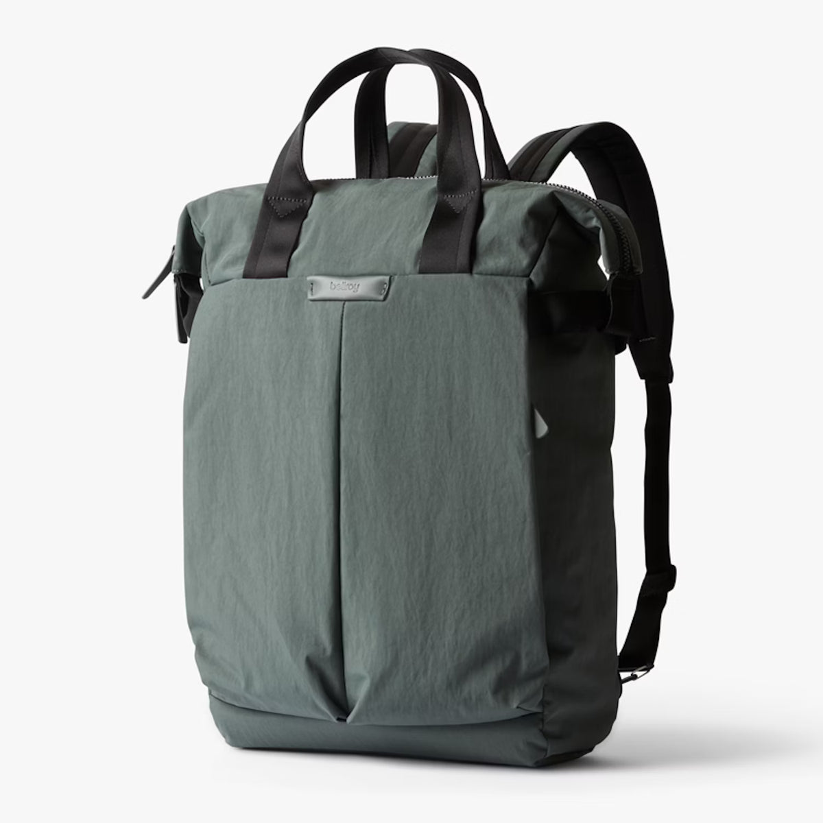 Everglade green Bellroy totepack backpack with black straps on a white background