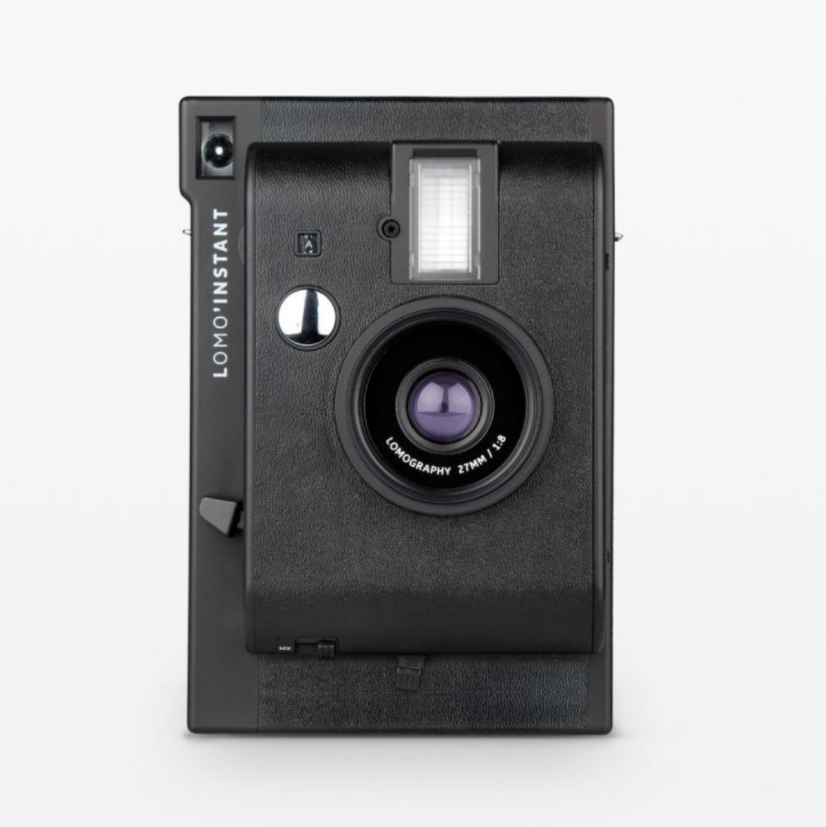 A white Lomography Lomo'Instant Instant Film Camera with a visible lens and flash on a white background.