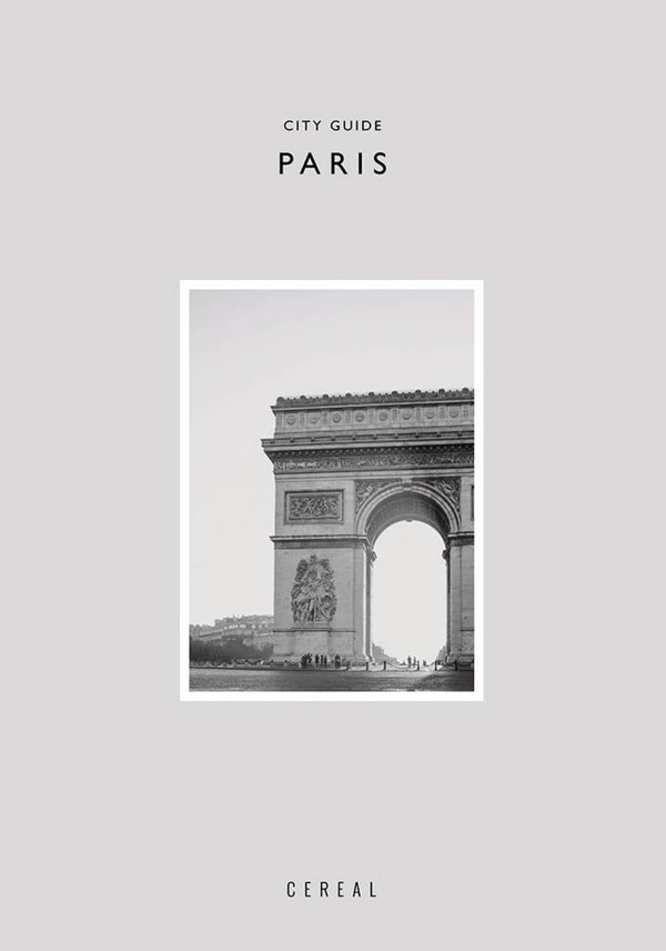 City guide to Paris with black and white image of the Arc de Triomphe on a light gray background.