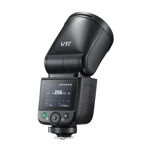Black camera flash with digital display on a white background