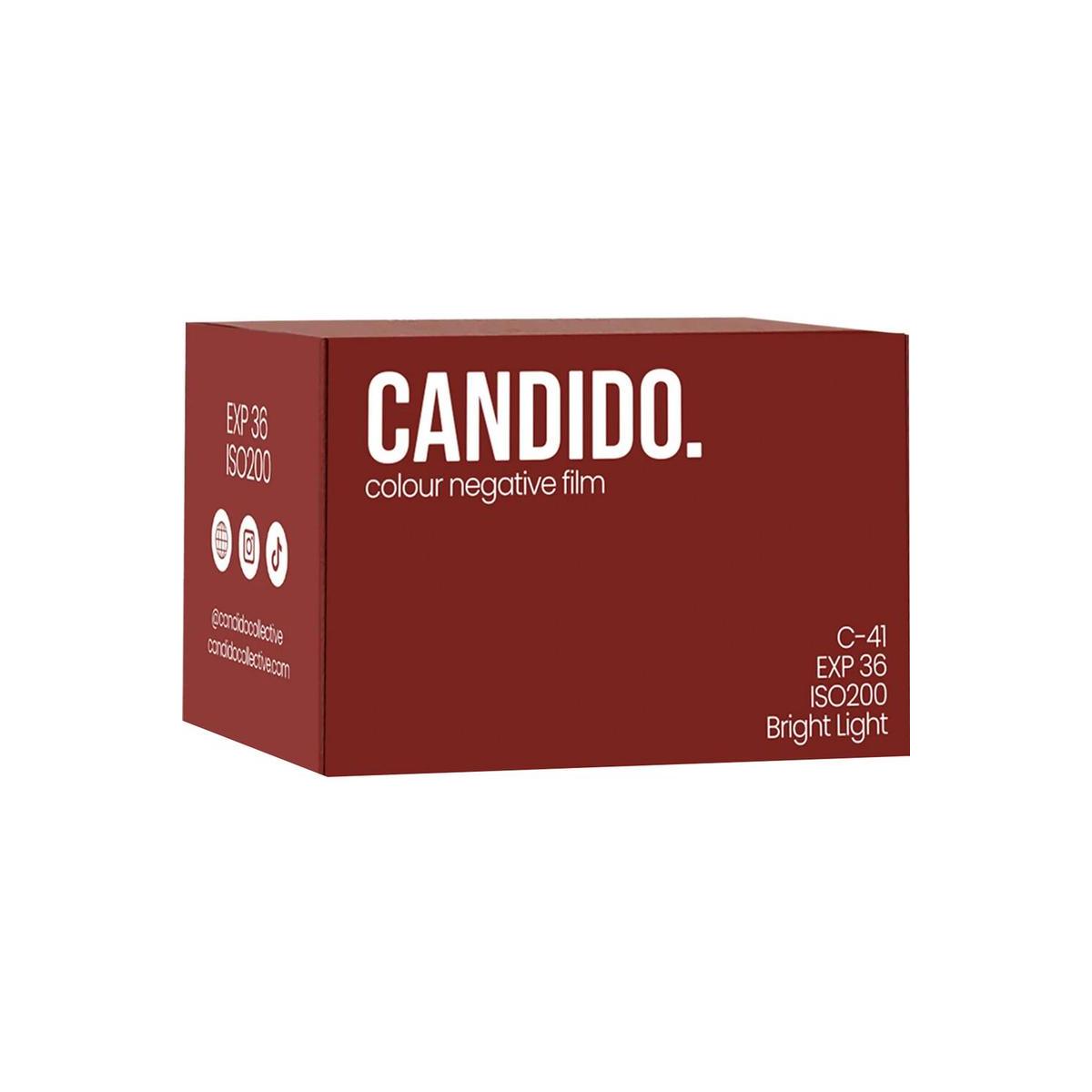 Deep red box of Candido 200 ISO 35mm color negative film with 36 exposures, featuring white minimalist typography.