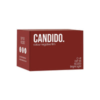 Deep red box of Candido 200 ISO 35mm color negative film with 36 exposures, featuring white minimalist typography.