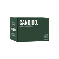 Dark green box of Candido 400 ISO 35mm color negative film with 36 exposures and C-41 processing label.