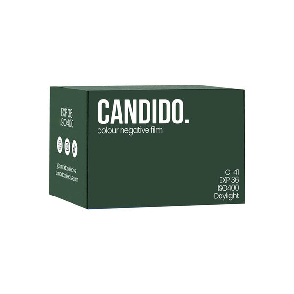 Dark green box of Candido 400 ISO 35mm color negative film with 36 exposures and C-41 processing label.