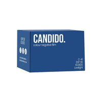Blue box of Candido 800 ISO 35mm color negative film with 36 exposures, designed for low-light photography.