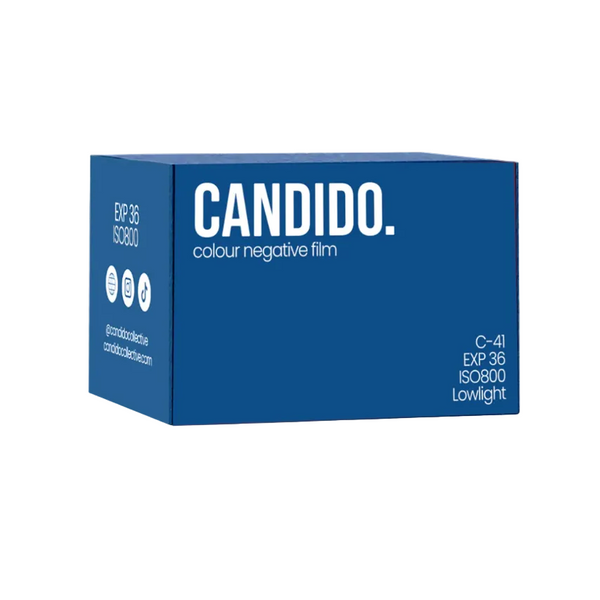 A blue box of Candid. colour negative film, showing the front and side panels with white text and logos on a clean white background.