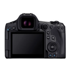 The rear view of a black DSLR camera body with an LCD screen, showing the viewfinder, control buttons, and dials on a solid white background.