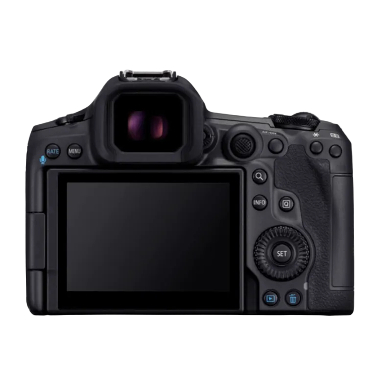 The rear view of a black DSLR camera body with an LCD screen, showing the viewfinder, control buttons, and dials on a solid white background.