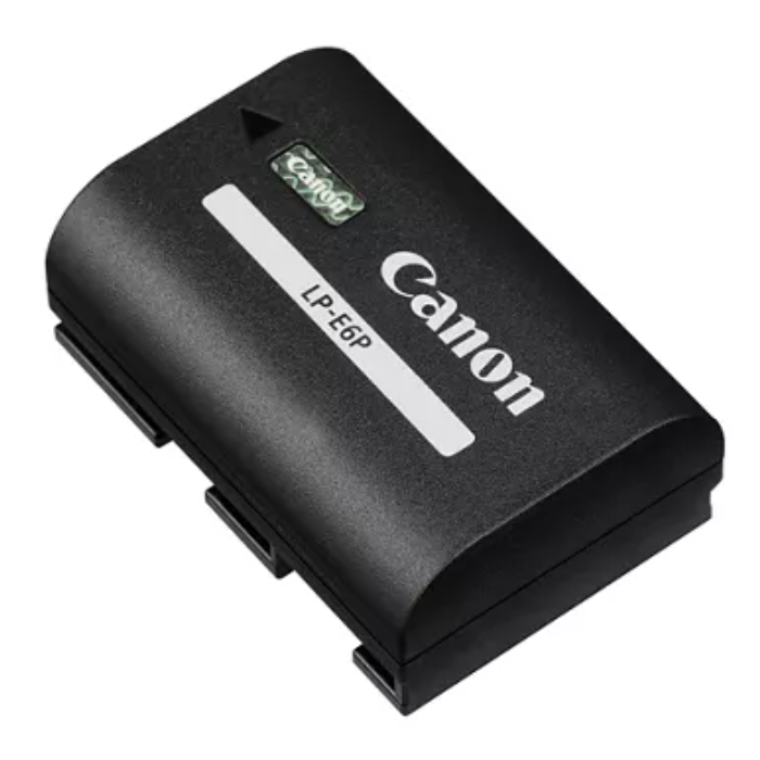 A Canon LP-E6P Lithium-Ion Battery, predominantly black in color, with the brand name and model printed on the top.