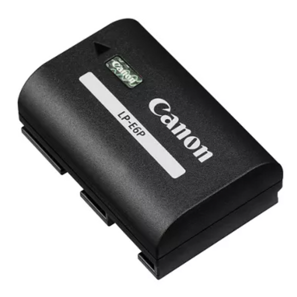 A Canon LP-E6P Lithium-Ion Battery, predominantly black in color, with the brand name and model printed on the top.