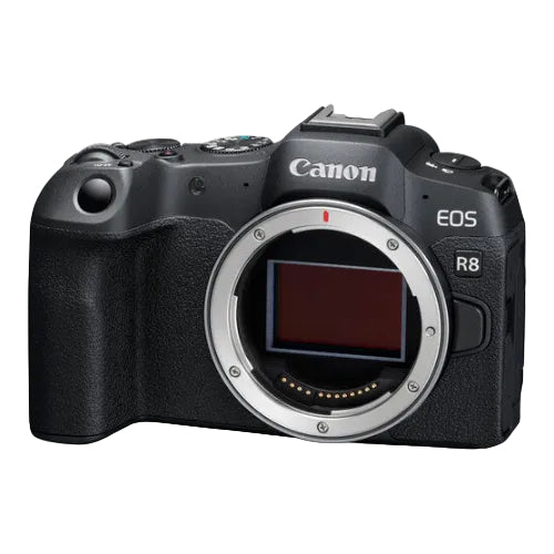 The image shows a Canon EOS R8 Mirrorless Camera, body only, in black color.