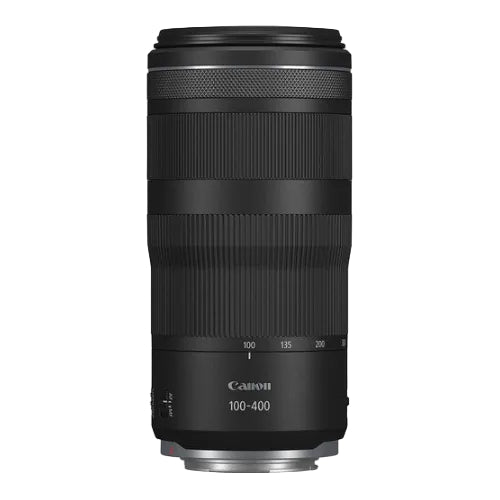 A Canon RF 100-400mm f/5.6-8 IS USM Telephoto Zoom Lens, featuring a black exterior and a marked focus ring.