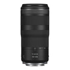 A Canon RF 100-400mm f/5.6-8 IS USM Telephoto Zoom Lens, featuring a black exterior and a marked focus ring.