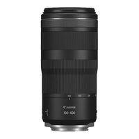 A Canon RF 100-400mm f/5.6-8 IS USM Telephoto Zoom Lens, featuring a black exterior and a marked focus ring.