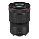 The image shows a Canon RF 15-35mm f/2.8 L IS USM Lens, which is a wide-angle zoom lens with a black exterior and red detailing on the focus and zoom rings.