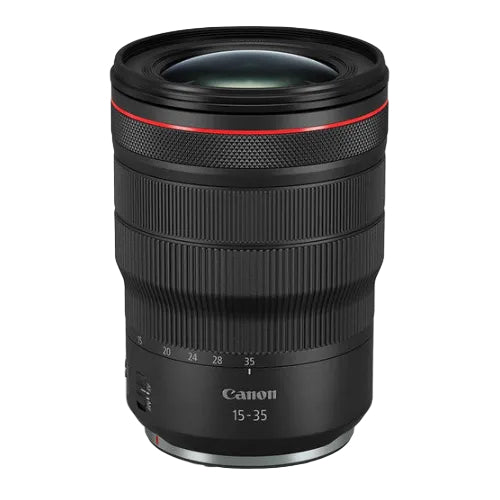 The image shows a Canon RF 15-35mm f/2.8 L IS USM Lens, which is a wide-angle zoom lens with a black exterior and red detailing on the focus and zoom rings.