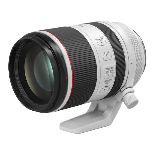 A Canon RF 70-200mm f/2.8 L IS USM Lens with a white and black body, red detailing, and a gray tripod collar.