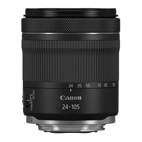 Canon camera lens with focus control ring on a white background