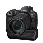 A Canon EOS R5 camera with a black battery grip attached, showing the camera from the front with the lens visible.