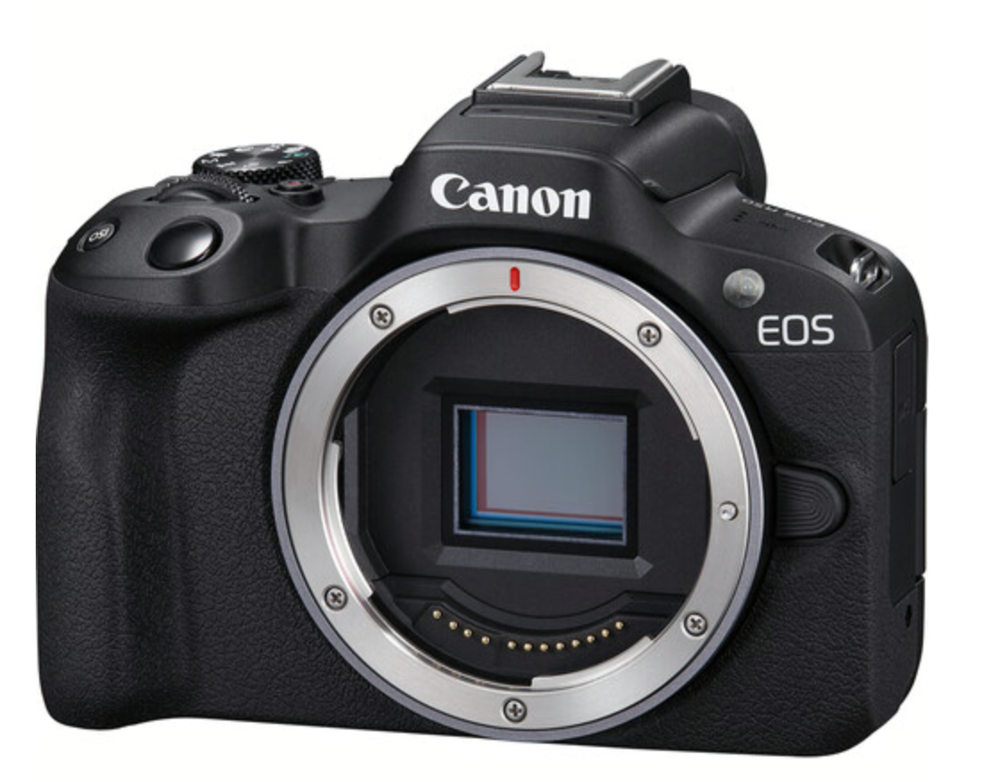 The image shows a black Canon EOS R50 Mirrorless Camera from the front, displaying the camera's lens mount and the EOS logo.