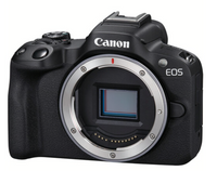 The image shows a black Canon EOS R50 Mirrorless Camera from the front, displaying the camera's lens mount and the EOS logo.