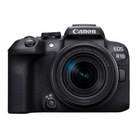 A Canon EOS R10 mirrorless camera with a black exterior and an attached lens.