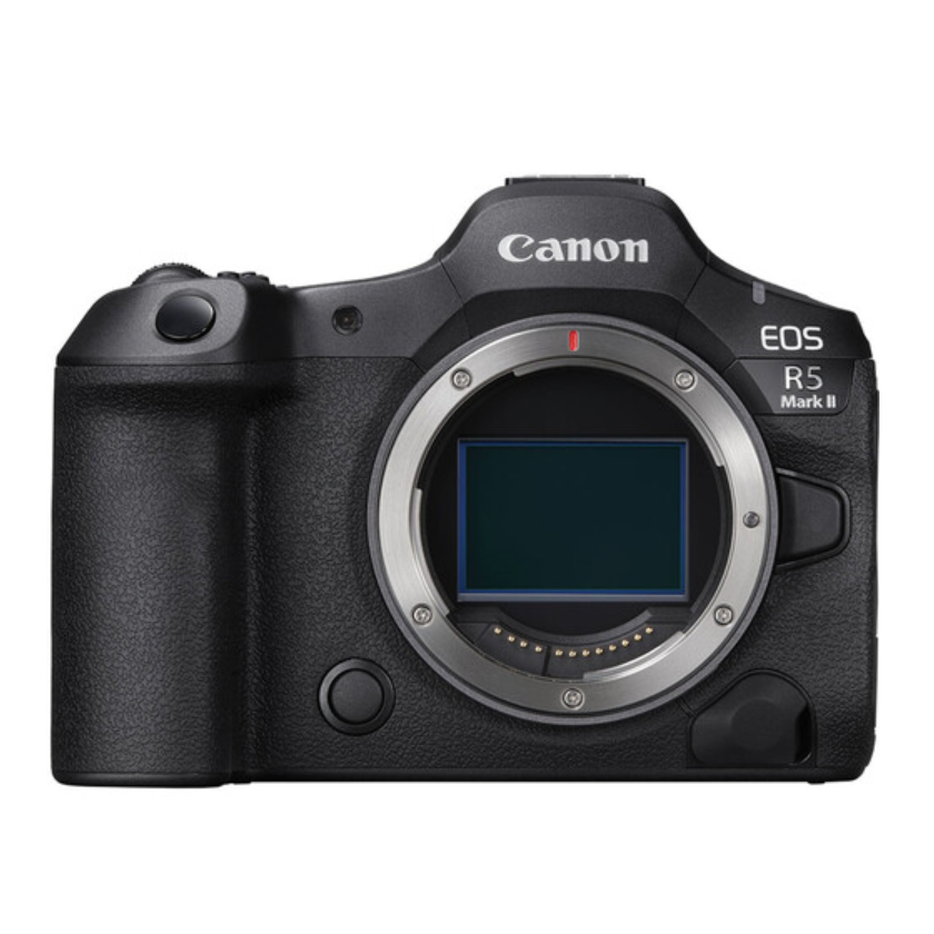 The image shows a Canon EOS R5 Mark II Mirrorless Camera, primarily in black color, with the lens removed to display the sensor and mount.