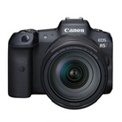 A Canon EOS R5 Mirrorless Camera with the 24-105mm f/4 Lens mounted on it, displayed against a plain background.