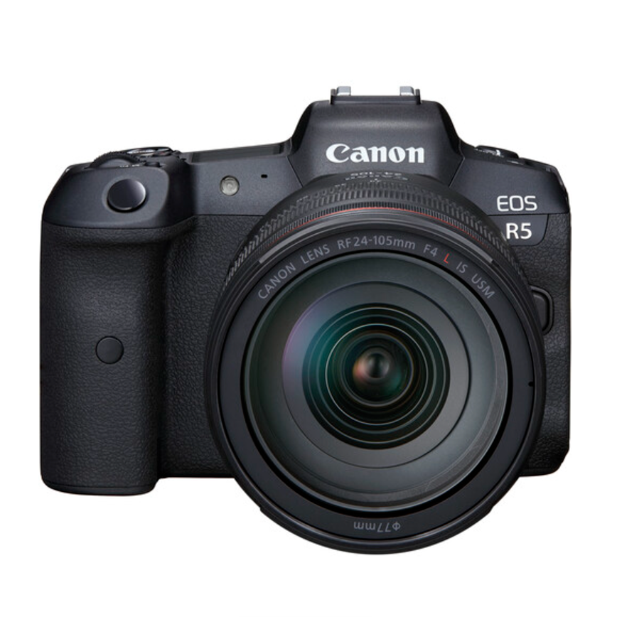 A Canon EOS R5 Mirrorless Camera with the 24-105mm f/4 Lens mounted on it, displayed against a plain background.