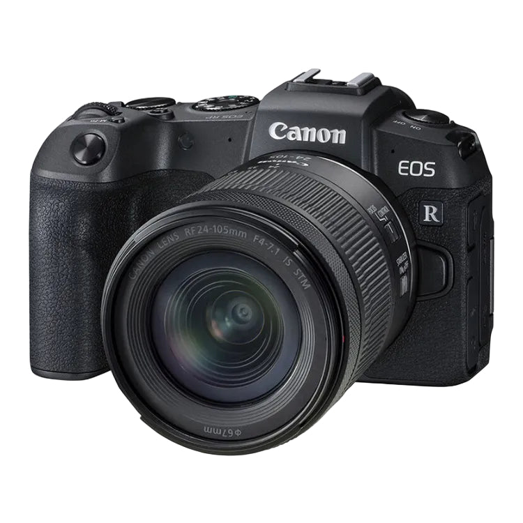 Canon EOS RP camera with lens on a white background