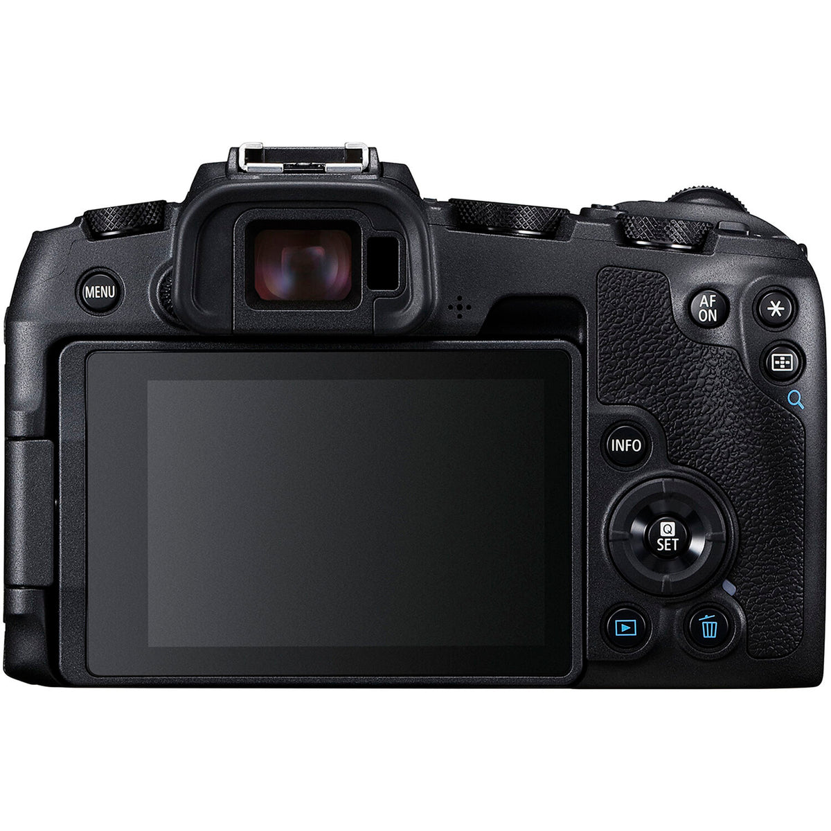 Back view of a black camera on a white background
