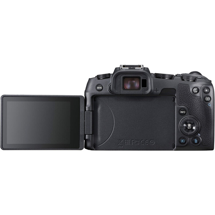 Black camera with a tilting screen on a white background