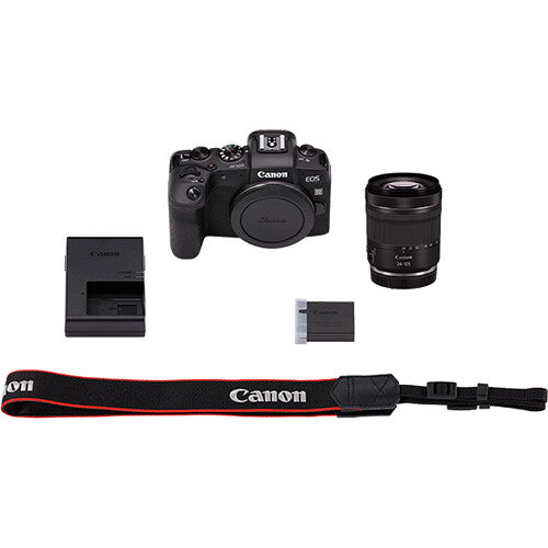 Canon camera with lens, battery, and strap on a white background