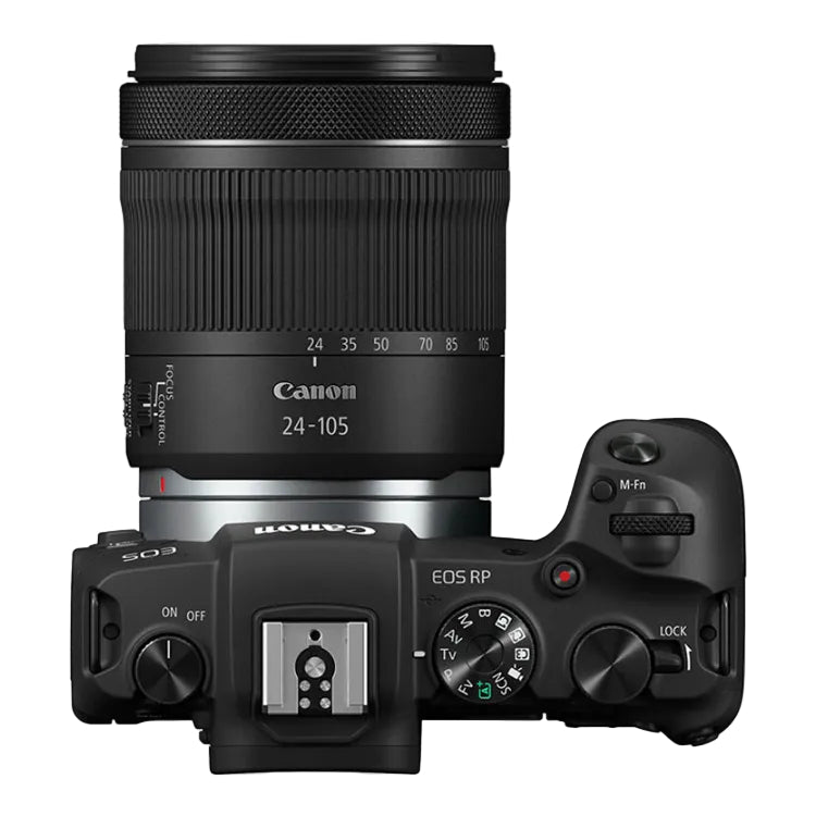 Canon EOS RP camera with 24-105mm lens on a white background