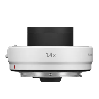 A Canon Extender RF 1.4x teleconverter accessory for cameras, predominantly white with black and silver accents.