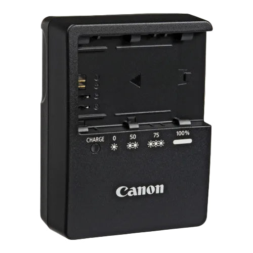 A Canon LC-E6 battery charger for LP-E6 and LP-EL battery packs, designed for various Canon cameras.