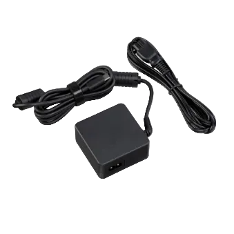 A black Canon PD-E2 USB Power Adapter with a USB Type-C connector and a corresponding USB cable.