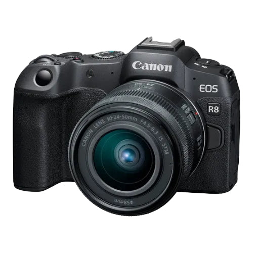 A Canon EOS R8 Mirrorless Camera with RF 24-50mm f/4.5-6.3 IS STM Lens attached, displayed against a plain background.