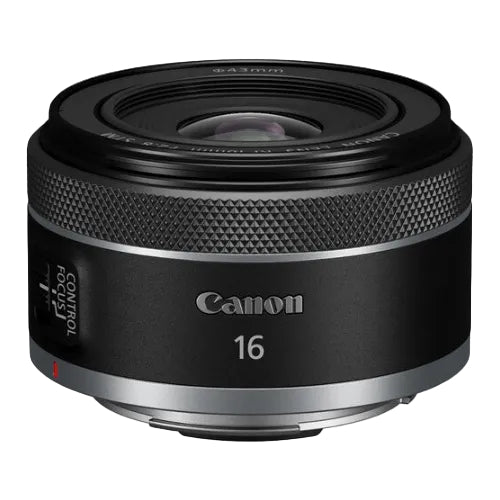 A Canon RF 16mm f/2.8 STM Lens with a black exterior, a rounded 7-blade diaphragm, and a customizable control ring.
