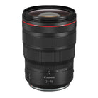 A Canon RF 24-70mm f/2.8 L IS USM Lens with a black exterior and red detailing around the focus ring.