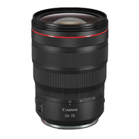 A Canon RF 24-70mm f/2.8 L IS USM Lens with a black exterior and red detailing around the focus ring.