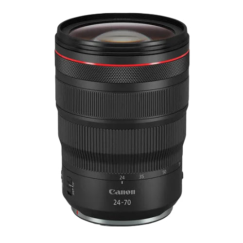 A Canon RF 24-70mm f/2.8 L IS USM Lens with a black exterior and red detailing around the focus ring.